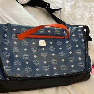 MCM Blue and Black Messenger Bag with Orange Accent